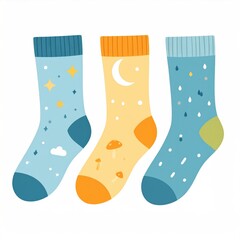Three pairs of colorful children's socks with nature-inspired patterns
