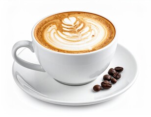 Creamy latte art in a white mug