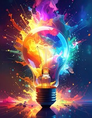A vibrant lightbulb explodes with colorful splashes