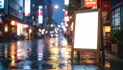 Blank A-Frame Mockup on a Rainy Tokyo Cafe Sidewalk