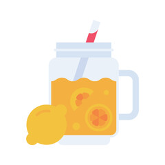 A mason jar filled with orange juice a straw and orange slices next to a lemon