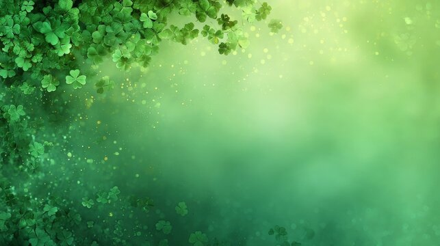 Elegant green clover background template with lush foliage, warm glowing light, artistic sparkles,