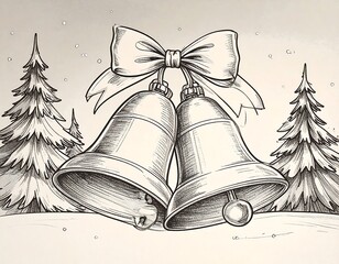 Two bells with a bow, nestled in a snowy landscape between evergreens