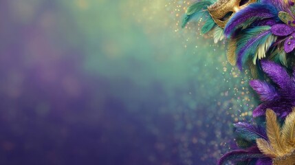 A luxurious gradient background blends purple and green hues, adorned with elegant feathers in blue, green, and gold,