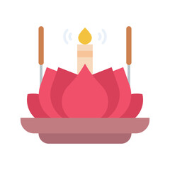 A pink lotus flower arrangement has a candle in the center held on a tiered brown base with two brown incense sticks at each side