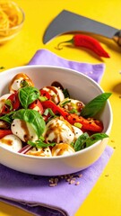 A bowl of fresh mozzarella salad with tomatoes, basil, and balsamic glaze