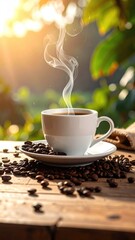 A steaming cup of coffee in a picturesque outdoor setting