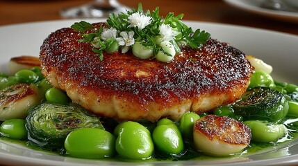 Breaded patty with green garnish and vegetables on a plate.