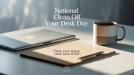 National Clean Off Your Desk Day promotes organizing workspace with a tidy desk, laptop, notebook, and coffee mug in soft lighting.