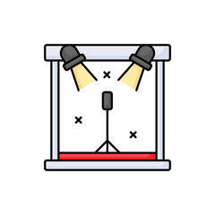 A stage setup with a central microphone flanked by two spotlights casting light towards the center marked by three x symbols