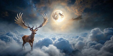Majestic Stag with Winged Antlers Soaring Above a Dreamlike Cloudscape Under a Serene Moon