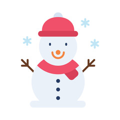 A stylized snowman with a red hat and scarf stands amidst falling blue snowflakes