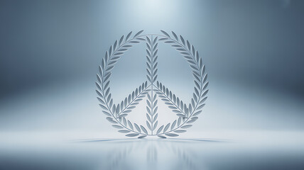 A metallic peace symbol adorned with laurel wreaths, set against a soft blue gradient background with reflective surface.