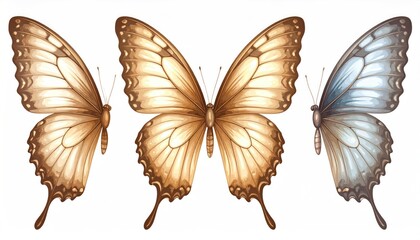 Three butterflies in various shades of light brown and blue