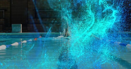 Swimmer responding to shimmering digital particles while performing crawl stroke in sports training - Powered by Adobe
