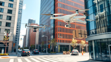 Modern urban scenes depict drone delivery services, highlighting the efficiency of unmanned aerial vehicles transporting packages.