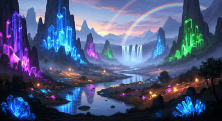 Beautiful fantasy landscape. Magical, fabulous neon glow.