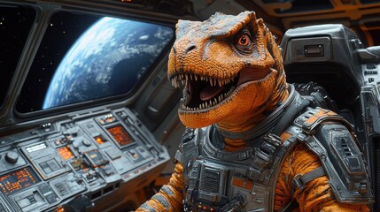 In a stunning cockpit, a T-Rex pilot expertly controls their spaceship, vibrant colors and dynamic lighting enhancing the view of Earth just outside.
