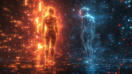 A dynamic showdown between human strength and AI intelligence in a neon digital arena illuminated by vibrant circuits and binary code