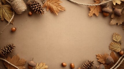 Fototapeta premium Minimalist autumn backdrop with dried leaves, pine cones, acorns,