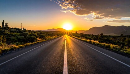 Sun sets over a long, straight road cutting through a landscape of low hills and sparse vegetation