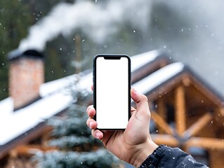 A hand holds a smartphone with a blank screen in front of a snow-covered cabin with smoke rising from the chimney.