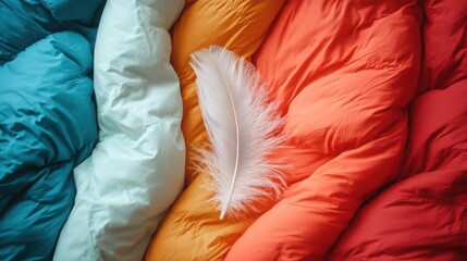 A vibrant background contrasts with a filled down jacket featuring a striking white feather in the center, showcasing a unique textile art piece