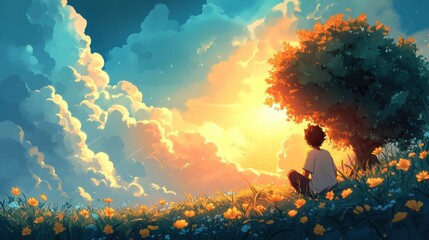 A man hugs a tree, surrounded by a colorful garden as the sun sets, symbolizing his deep gratitude for nature and a connection to the earth.