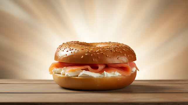 A sesame seed bagel sandwich with smoked salmon and cream cheese on a wooden surface