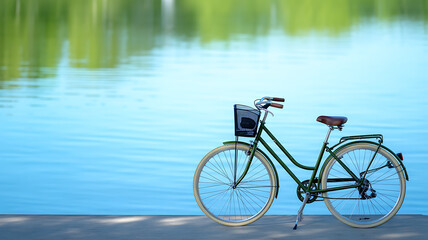 Fototapeta premium Green bicycle parked by a calm lake with reflective water and lush greenery in the background