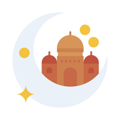 Mosque icon within a crescent moon accompanied by stars and celestial spheres