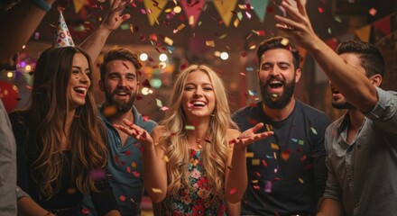 Celebratory party vibes festive gathering fun atmosphere colorful environment joyful moments