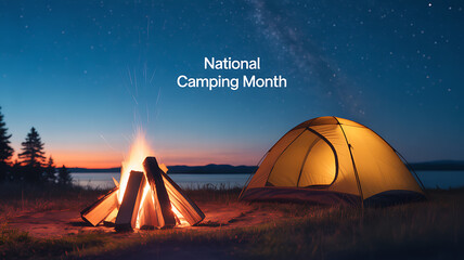Camping scene at night with a lit tent and campfire under a starry sky during National Camping Month