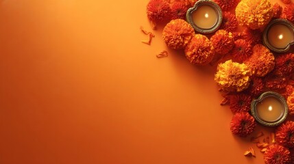 Vibrant orange backdrop adorned with marigold flowers and decorative oil lamps,