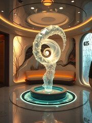 A crystal spiral built into the wall of a futuristic tea room, glowing slowly while water vapor rotates through glass layers, spiritual tech fusion, 8K ultra-detailed