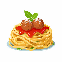 Delicious Italian Spaghetti with Meatballs, Red Tomato Sauce, Grated Cheese, and Fresh Basil Leaves Illustration