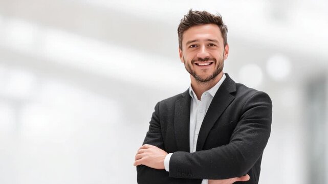 Confident Professional in Business Attire: A well-groomed man, radiates confidence in business attire. He is posing in a modern, open space. Showing the epitome of professionalism and success.