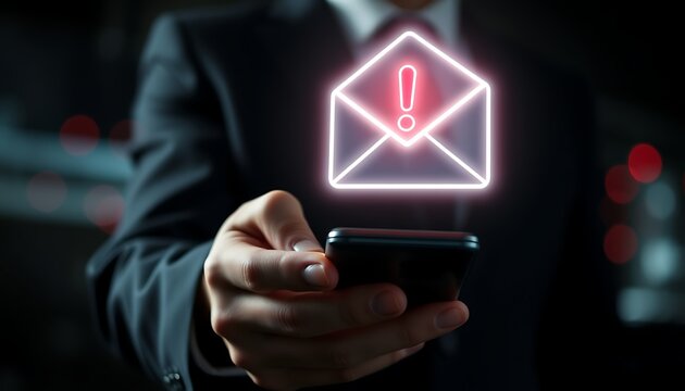 Businessman holding smartphone with glowing email alert icon and red bokeh lights mobile - Powered by Adobe