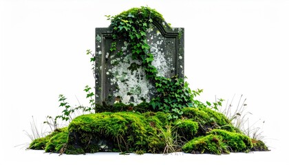 Weathered gravestone overgrown with moss and ivy