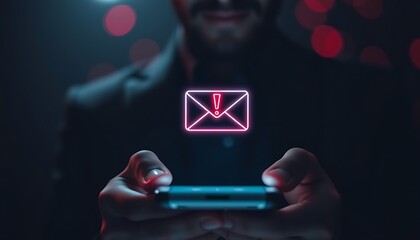 Man holding smartphone with glowing email alert icon and red bokeh lights mobile