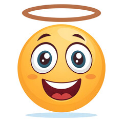 An emoji-style smiling face with a halo, isolated on white, symbolizing innocence, goodness,