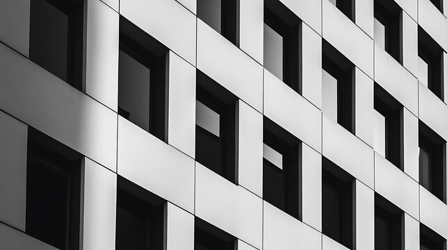 Geometric architecture facade. Modern architecture with a grid of windows, creating a pattern of light and shadow. Black and white aesthetics. - Powered by Adobe