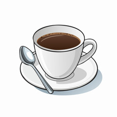Obraz premium Illustrated white coffee cup with dark hot beverage, saucer, and spoon. Simple cartoon vector drawing on a clean background.