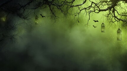 A haunted lighthouse stands among gnarled trees with hanging lanterns, bats flying in eerie grey-green mist,