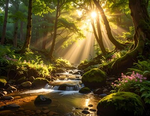Sunbeams pierce a lush forest, illuminating a gently flowing stream over mossy rocks