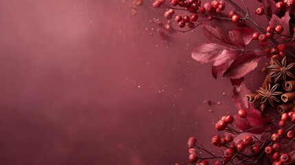 A decorative backdrop in deep red tones features smooth texture with red leaves, small berries,