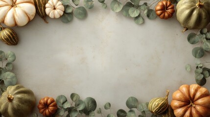 A decorative frame with pumpkins and green leaves surrounds a clean background board, ideal for advertisement,