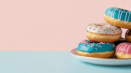 Colorful glazed donuts with sprinkles stacked on a plate against pastel background