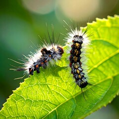 Two fuzzy caterpillars on a vibrant green leaf