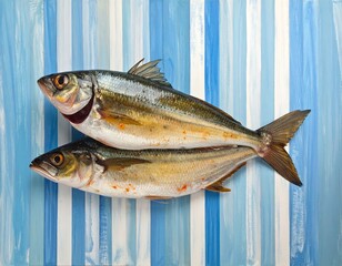 Two fresh fish lay atop a blue and white striped surface